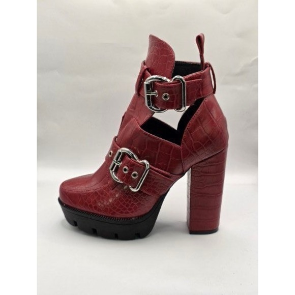 So Me Shoes - So Me YONCE Women's Red Croc Embossed Platform Buckle Chunky Heel Ankle Boot 6.5